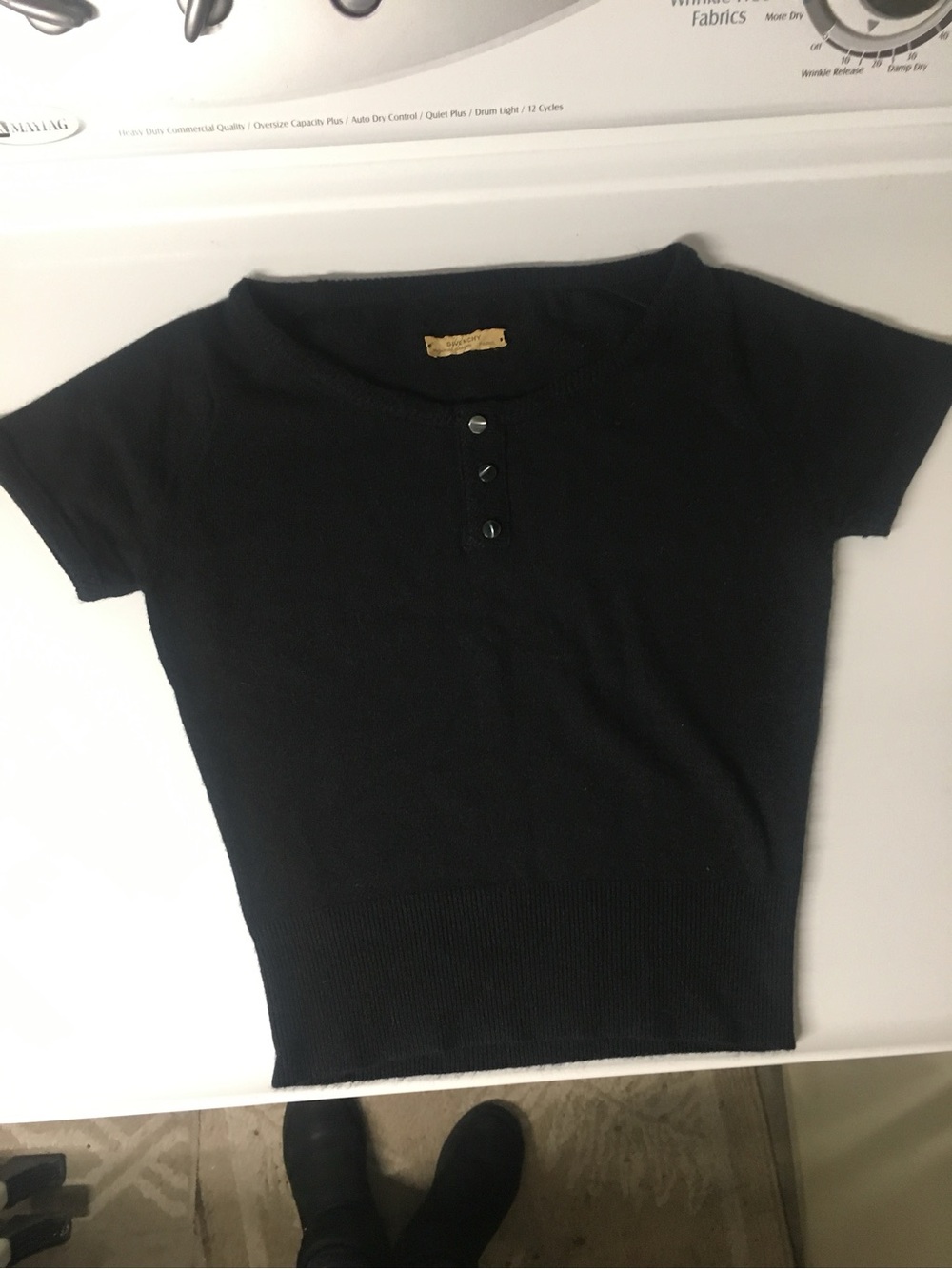 Vintage 1960's Givenchy Cashmere Black Short Sleeve Knit Top with Button Placket